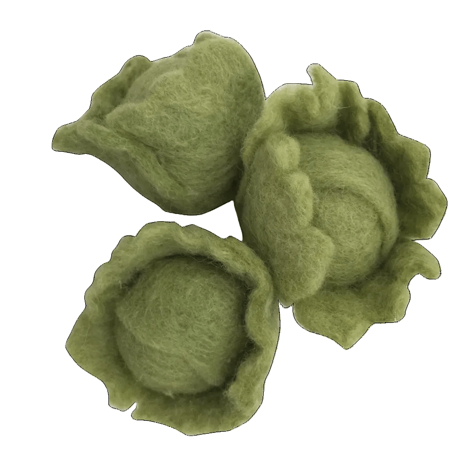 3 mini felted cabbages on a white background