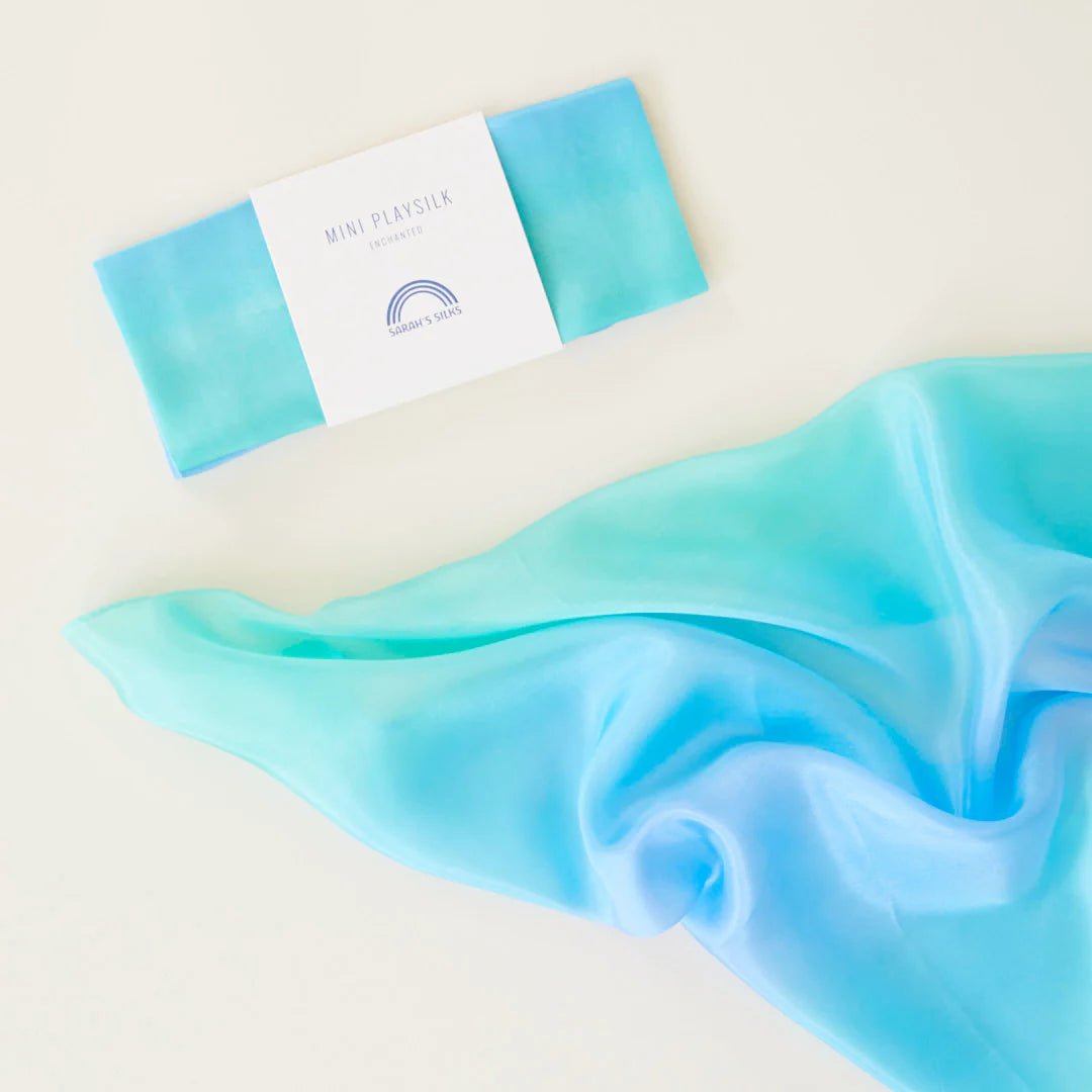 Blue green gradient mini playsilk with Sarah's Silks branding