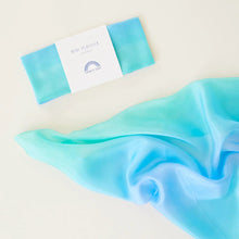 Blue green gradient mini playsilk with Sarah's Silks branding