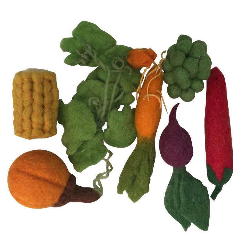 Variety of felt vegetables on a white background