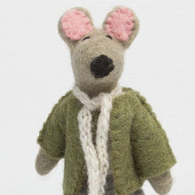 Felt mouse wearing clothes on a white background