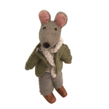 Felted mouse with sweater, pants, and shoes on a white background