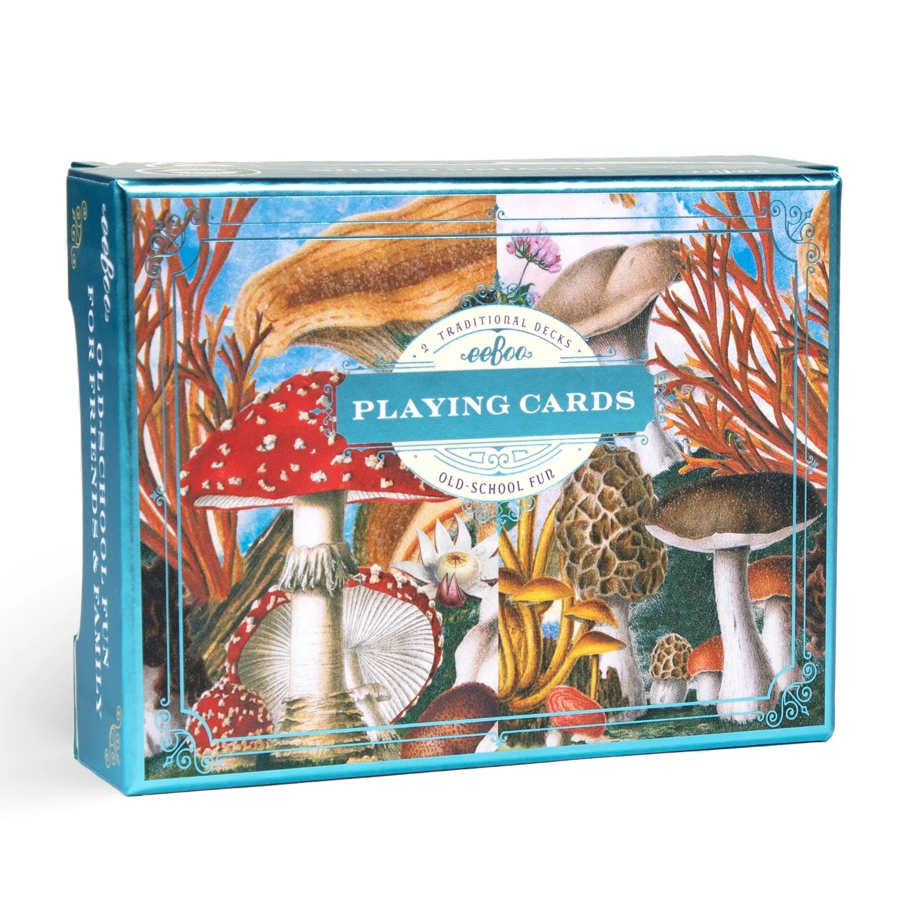 Playing card set packaging with mushroom-themed design