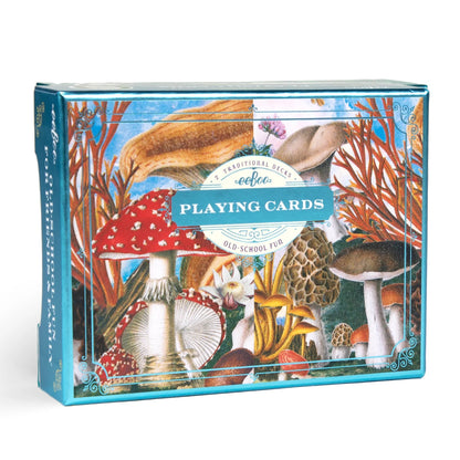 Playing card set packaging with mushroom-themed design