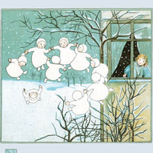 Illustration of snow children dancing outside a window on a frosty winter day.