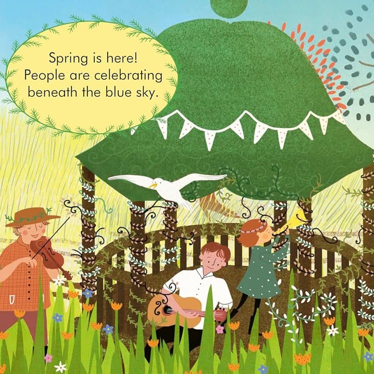 Illustration of children playing in a garden with cherry blossom trees and a green gazebo.