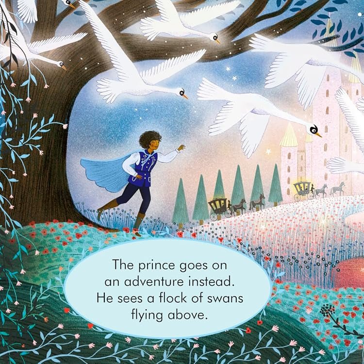 Illustrated children's book page showing a young prince running through a forest while a speech bubble says he sees a flock of swans flying above. The scene includes large white swans, trees, flowers, a castle in the distance, and a glowing moon, rendered in soft pastel colors.
