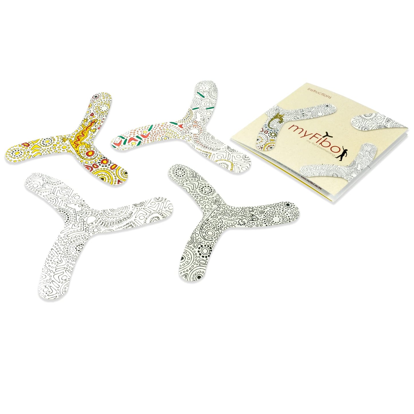 4 pack of boomerangs with black and white Aboriginal art on a white background