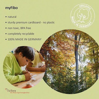 myFibo product packaging with children drawing and forest scene, featuring organic and recyclable materials.