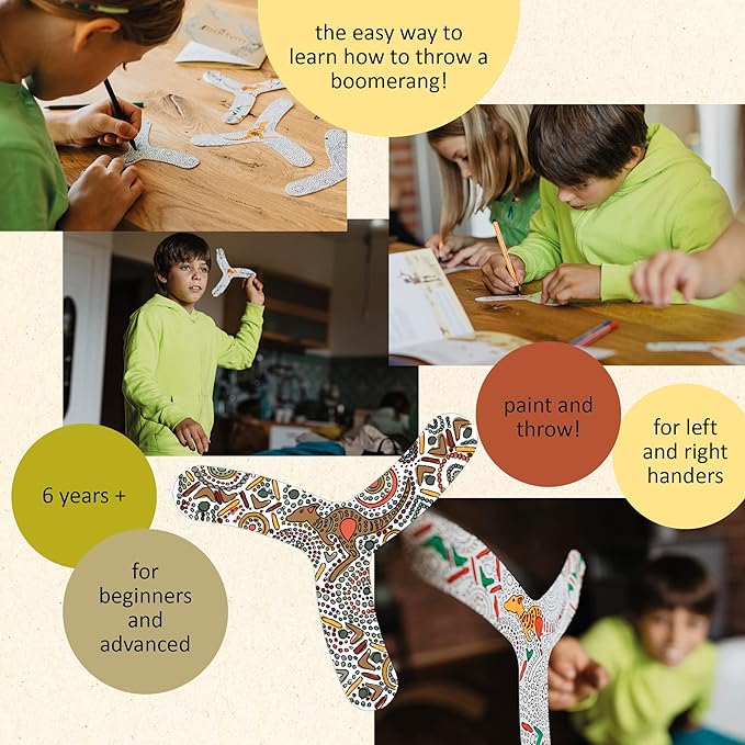 Collage of children making and playing with boomerangs, with text about learning to throw a boomerang.