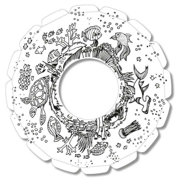Black and white undersea themed throwing disc on a white background