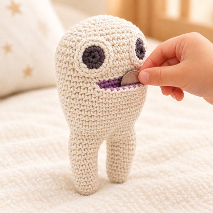 Hand placing a coin in the mouth of a crocheted tooth toy on a light colored background