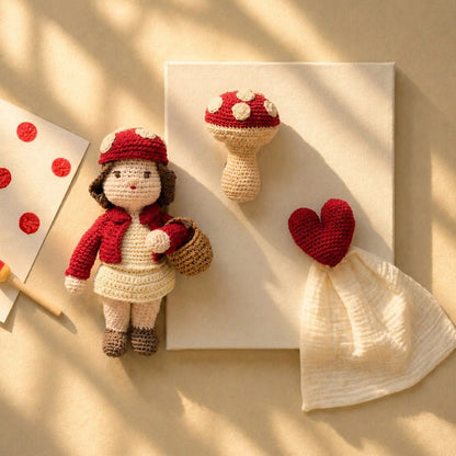 Tan surface with  crocheted heart lovie, crocheted red polka dot mushroom, and doll wearing a red sweater and hat and holding a brown basket