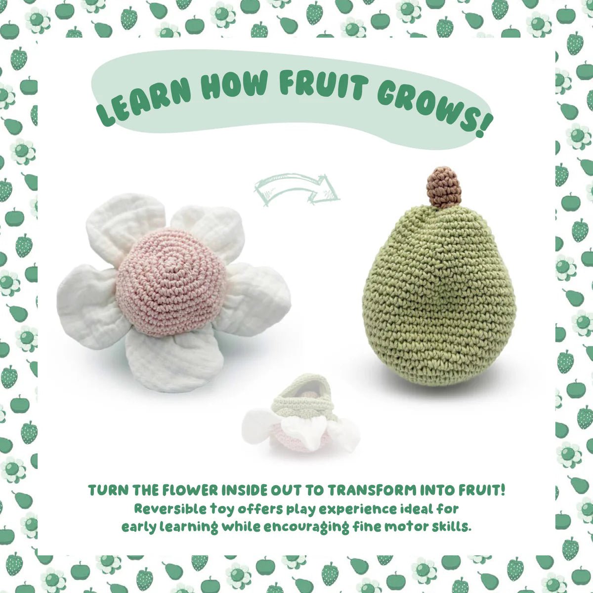 Toy with reversible design of a flower and fruit on a patterned background.