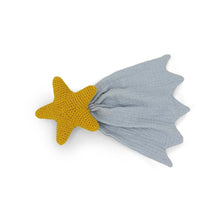 A baby teething toy featuring a textured yellow crocheted star attached to a soft, dusty blue gauze tail, shown on a plain white background.