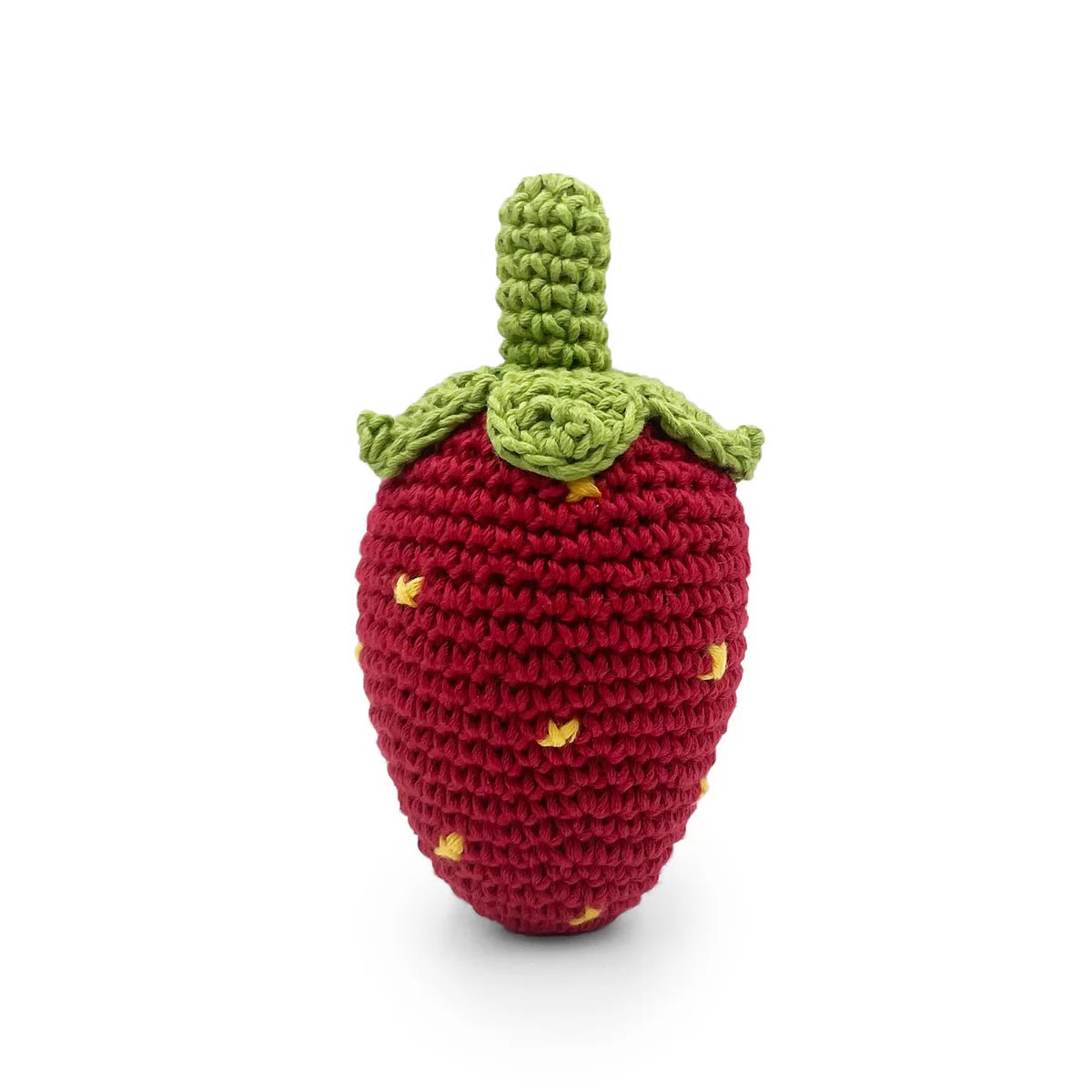Crocheted strawberry rattle on a white background