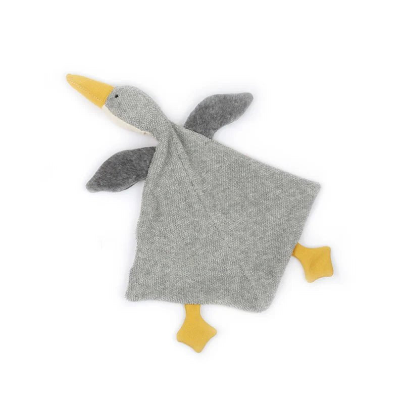 Gray goose-shaped soft towel doll with yellow accents on a white background