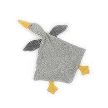 Gray goose-shaped soft towel doll with yellow accents on a white background