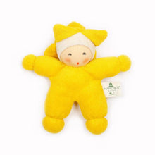 Yellow plush toy with a baby face and yellow and white hat on a white background