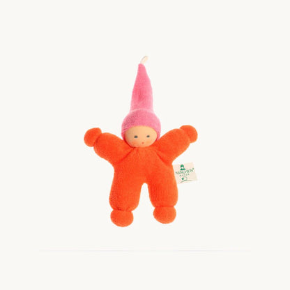 Small orange plush toy with a pink hat on a white background