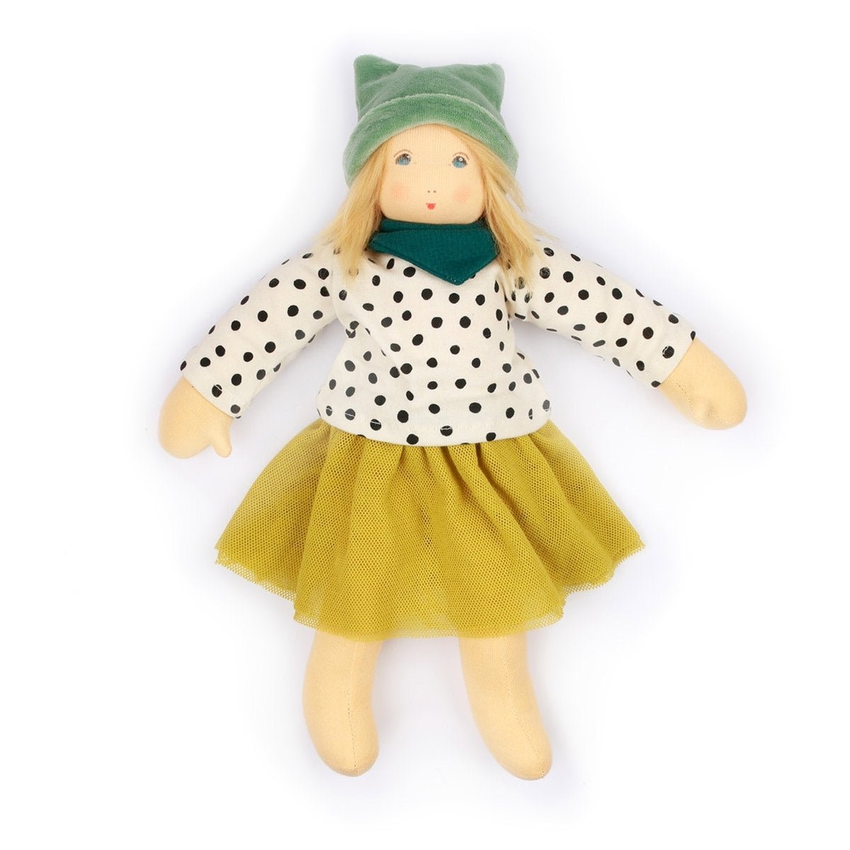 Doll wearing a polka dot shirt, green hat, and mustard yellow skirt on a white background