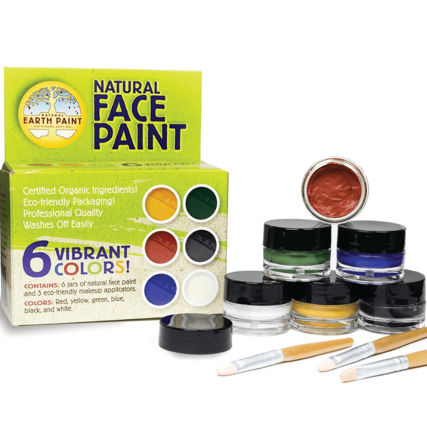 Natural face paint kit with jars of paint and brushes on a white background