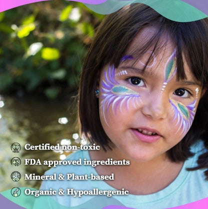 Child with face paint against a natural background, featuring product certification text.
