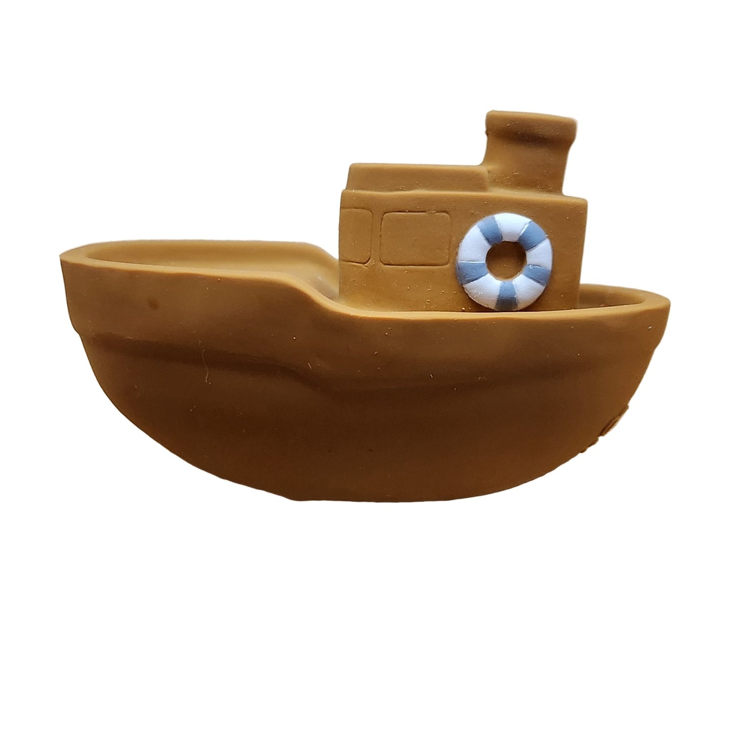Brown toy boat with a life ring on a white background