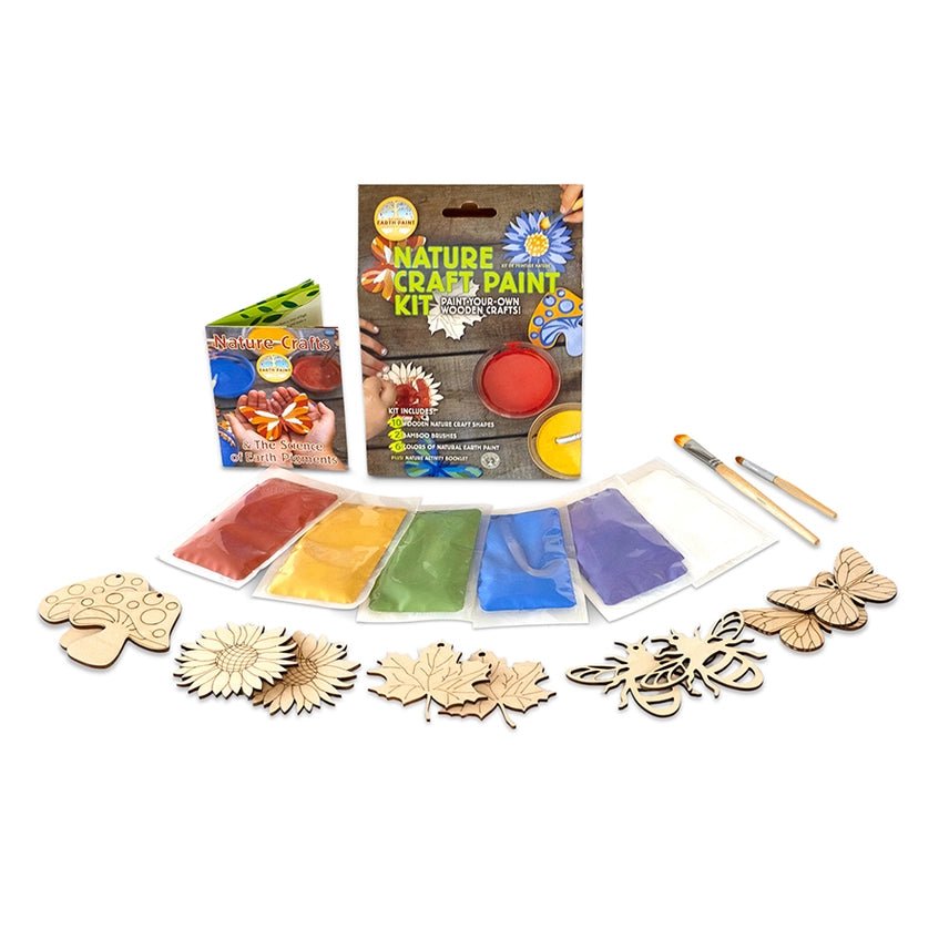 Nature craft paint kit with wooden shapes and paint pouches on a white background