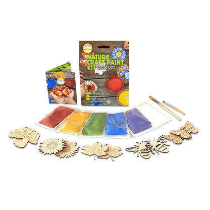 Nature craft paint kit with wooden shapes and paint pouches on a white background