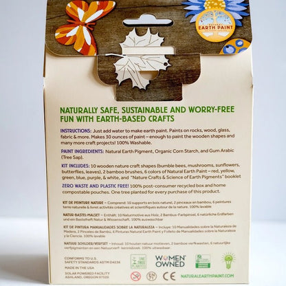 Earth Paint packaging with wooden craft shapes and nature-themed design on a white background