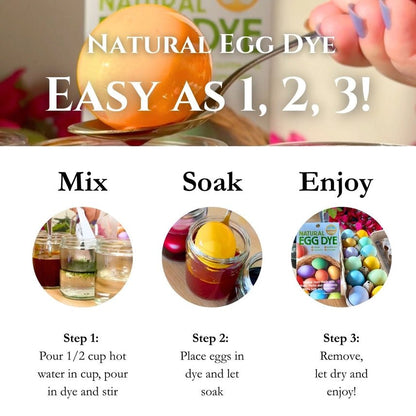 Instructions for using natural egg dye with an image of eggs being dyed and colorful eggs.