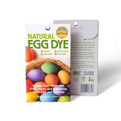 Packaging of Natural Egg Dye with colorful eggs on a white background