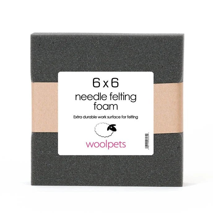 6x6 charcoal needle felting foam with woolpets branding on a white background