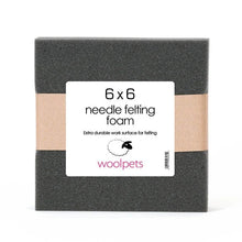 6x6 charcoal needle felting foam with woolpets branding on a white background