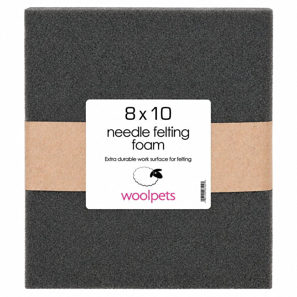 8x10 charcoal needle felting foam with woolpets branding on a white background
