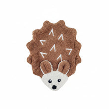 Hedgehog shaped washcloth puppet on a white background