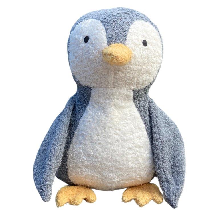 Plush penguin toy with grey body, white belly, and yellow feet on a white background