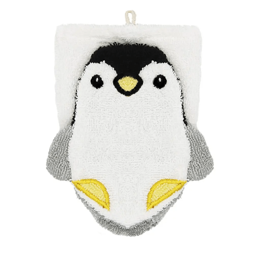Penguin-themed white bath mitt with black, yellow, and gray accents on a white background