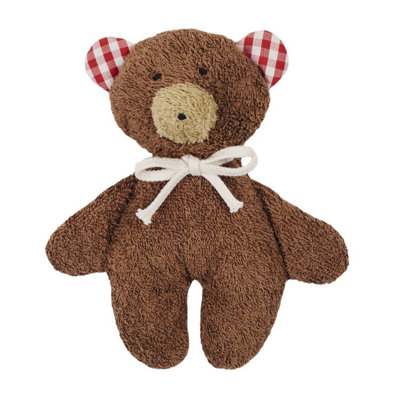 Brown cotton teddy bear with red gingham ears on a white background