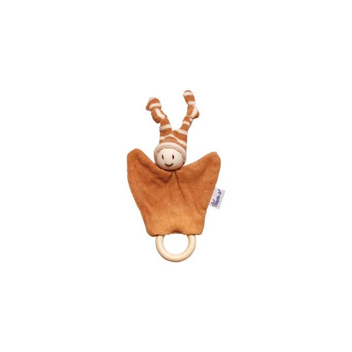 Brown Keptin Jr. rattle doll with knotted hat and wooden ring on a white background