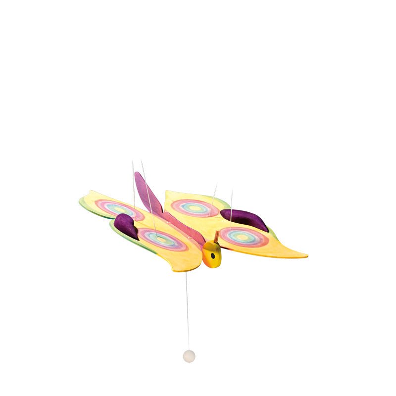 Colorful butterfly-shaped mobile on a white background