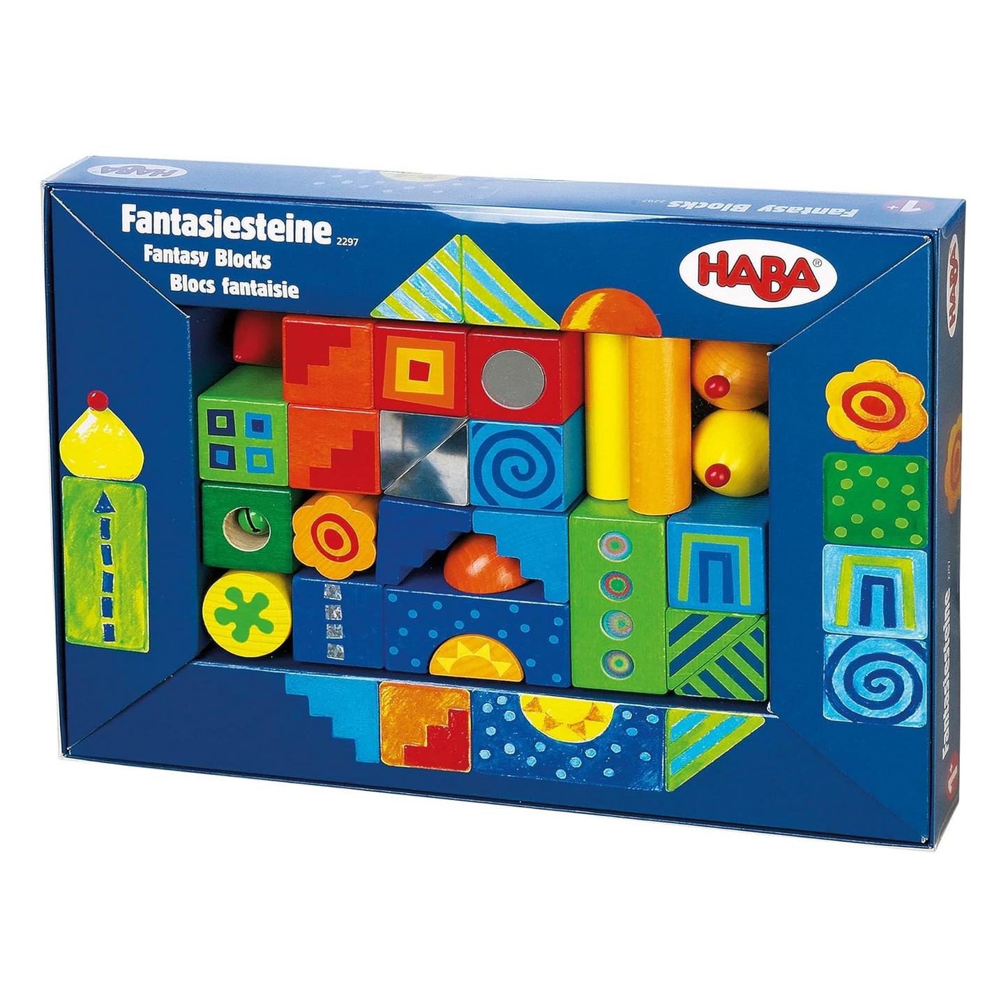 Box of Haba Fantasy Blocks with colorful geometric shapes on a white background