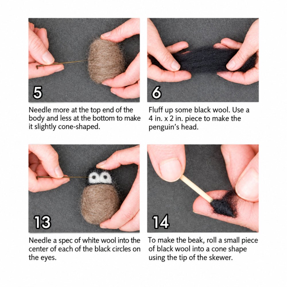 Photo instructions to create a needle felted penguin
