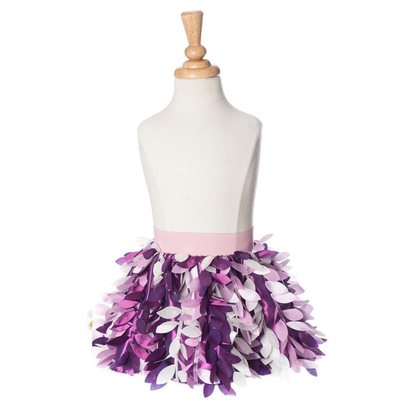 A purple and white leaf-patterned tutu skirt displayed on a white dress form mannequin against a plain white background.