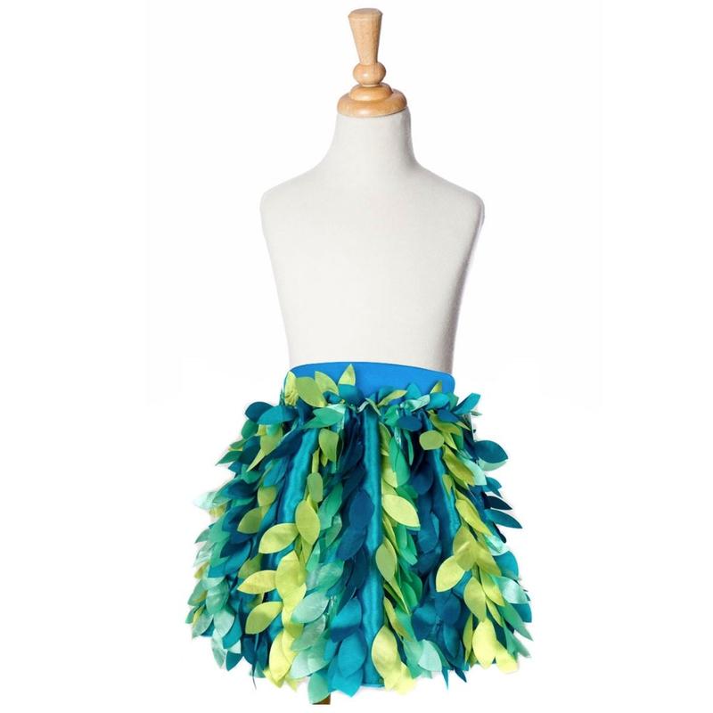 Mannequin wearing a blue and green leaf-patterned skirt on a white background