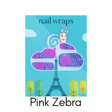 Snails brand Pink Zebra nail wraps packaging with a cartoon snail and Eiffel Tower on a blue background