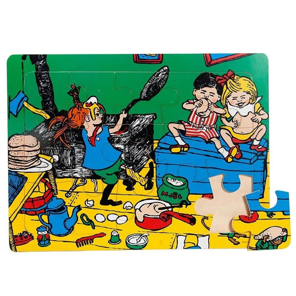 Colorful children's puzzle with cartoon characters on a white background