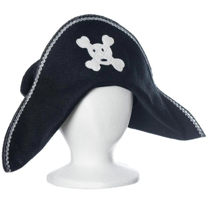 Black pirate hat with white skull and crossbones on a mannequin head on a white background