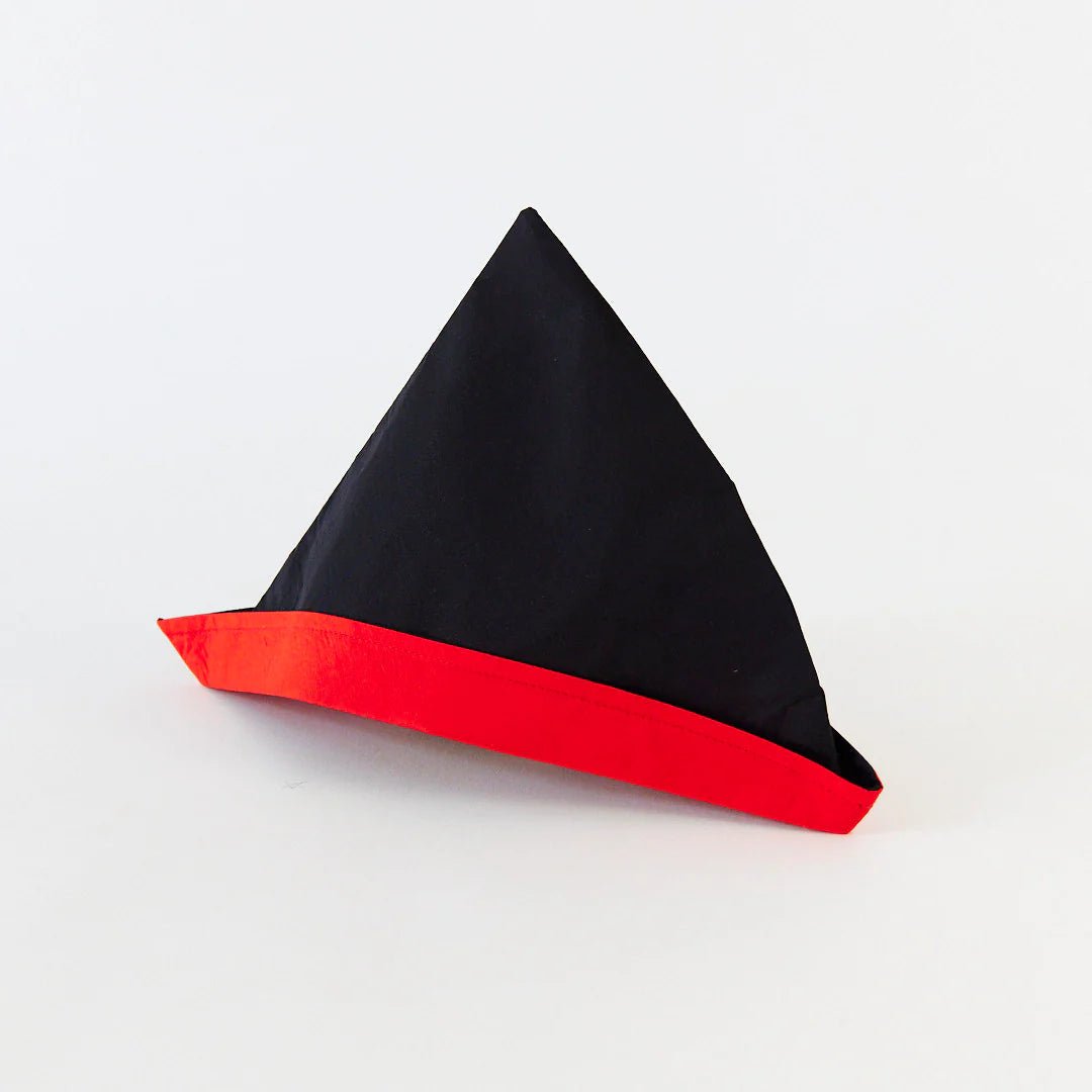 Black pointed pirate hat with a red border on a white background